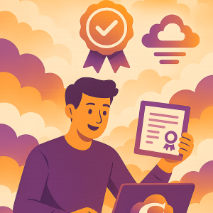 Man sitting next to computer holding a certification in a cloudy landscape portrait CC slight zoom
