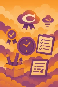 Office tools and checklist in a cloudy landscape