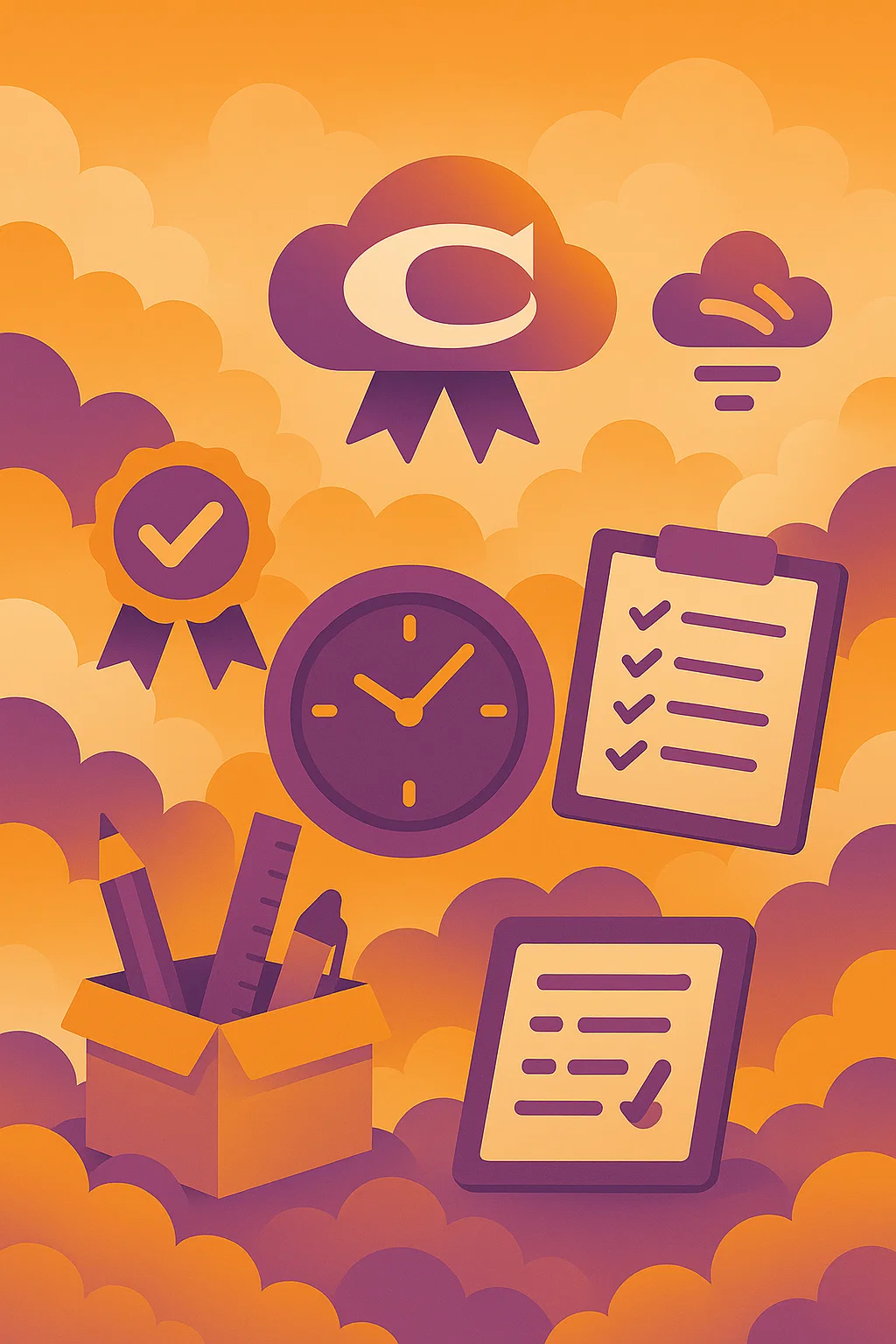 Office tools and checklist in a cloudy landscape