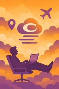 relaxed man working remotely in a cloudy landscape portrait