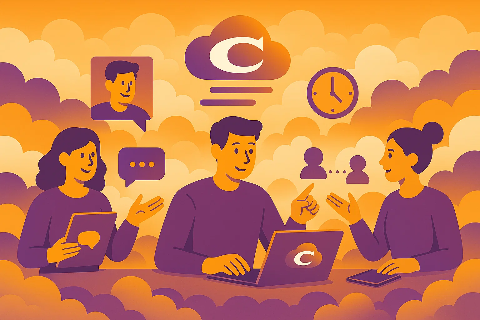 Cloudy landscpe people talking Async vs real-time remote